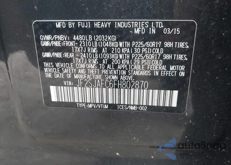 2015 Subaru Forester 2.5I Premium z USA, uszkodzony, nr VIN JF2SJAFC6FH802870